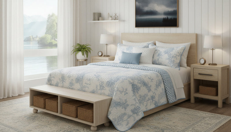 Reversible 3-Piece King Quilt Set, Blue & White Floral Microfiber Bedding