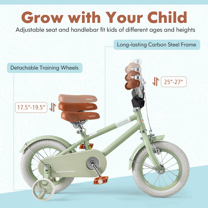 Costway 12\" Kids Bike With Adjustable Saddle Handlebar Removable Training Wheels Handbrake Green