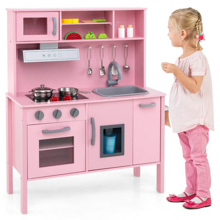 Costway Kids Kitchen Playset Wooden Pretend Play Chef Toy With Microwave & Accessories Pink