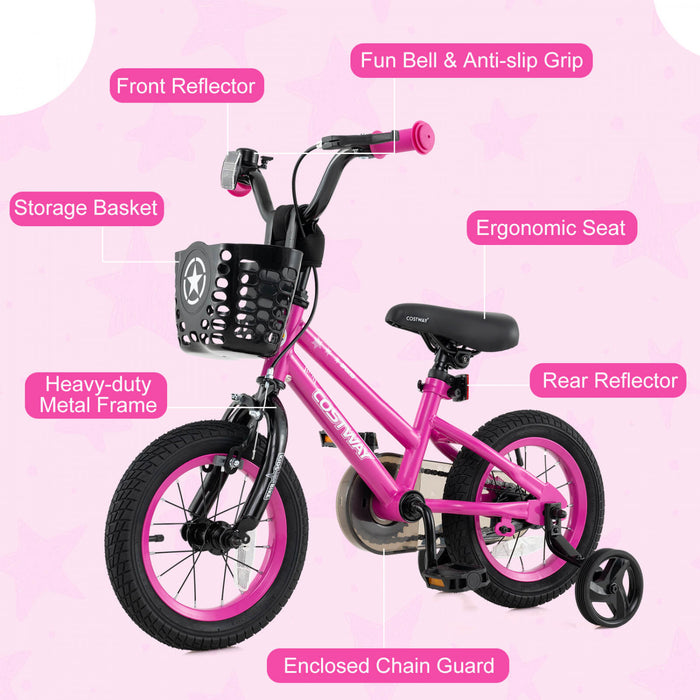 Costway 14\" Kid's Bike With Training Wheels Adjustable Handlebar & Seat Handbrake Pink