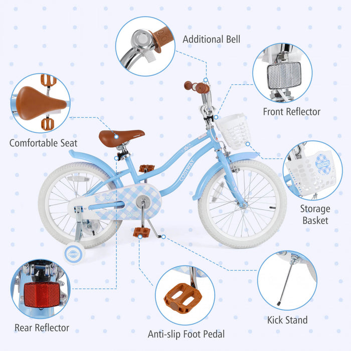 Costway 18\" Kids Bike Toddler Bicycle With Training Wheel Kickstand For 4-8 Years Blue