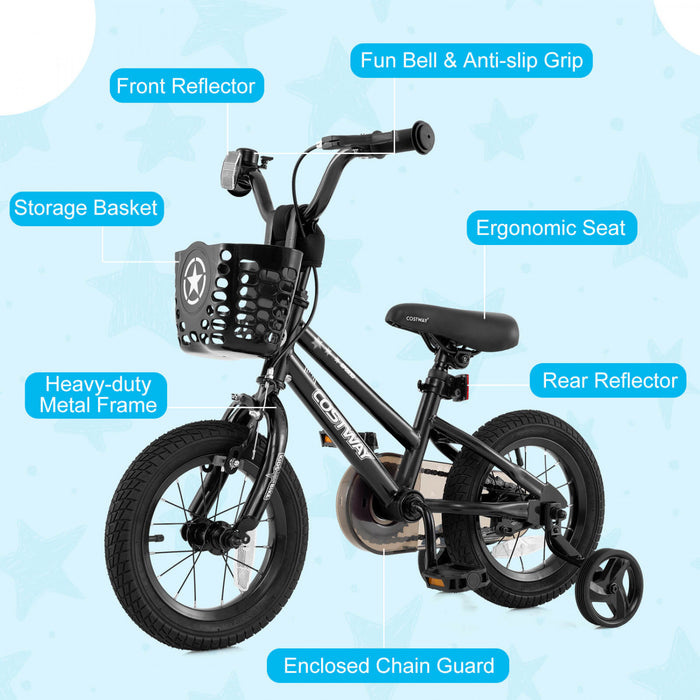 Costway 14\" Kid's Bike With Training Wheels Adjustable Handlebar & Seat Handbrake Black
