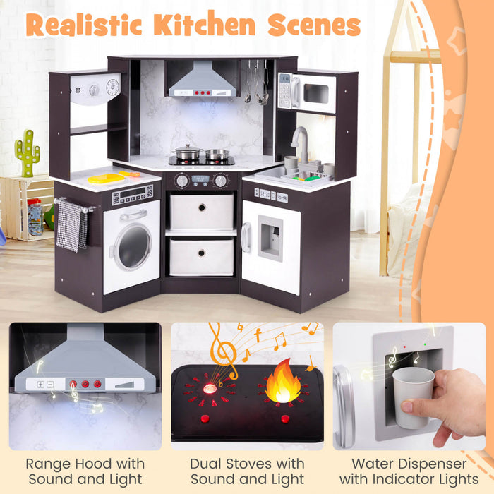 Costway Wooden Kids Play Corner Kitchen With Realistic Lights & Sounds Lighted Range Hood Brown