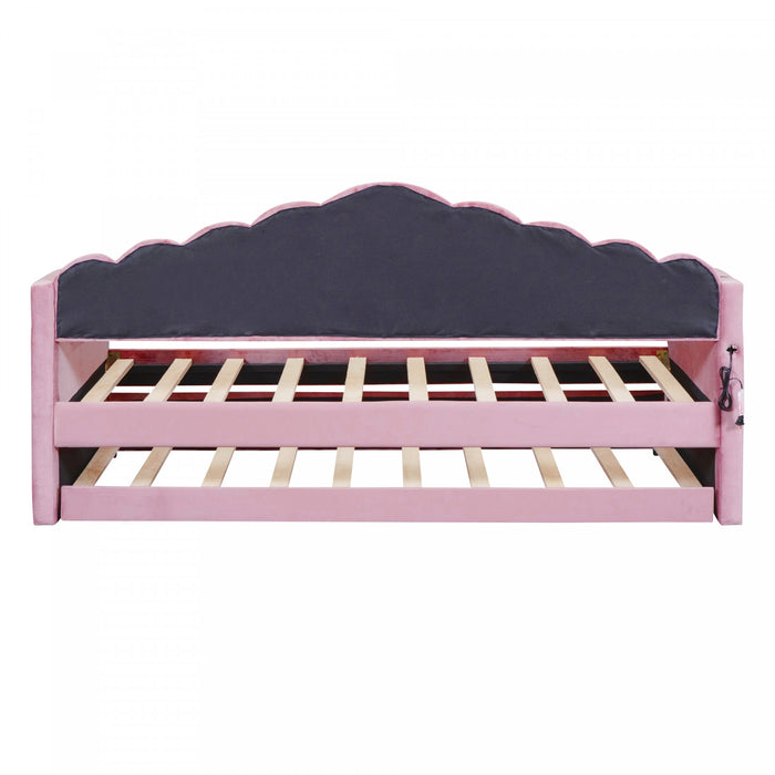 Lily Upholstered Daybed with Trundle and USB Charging Ports,Twin Size,Pink Twin Bed