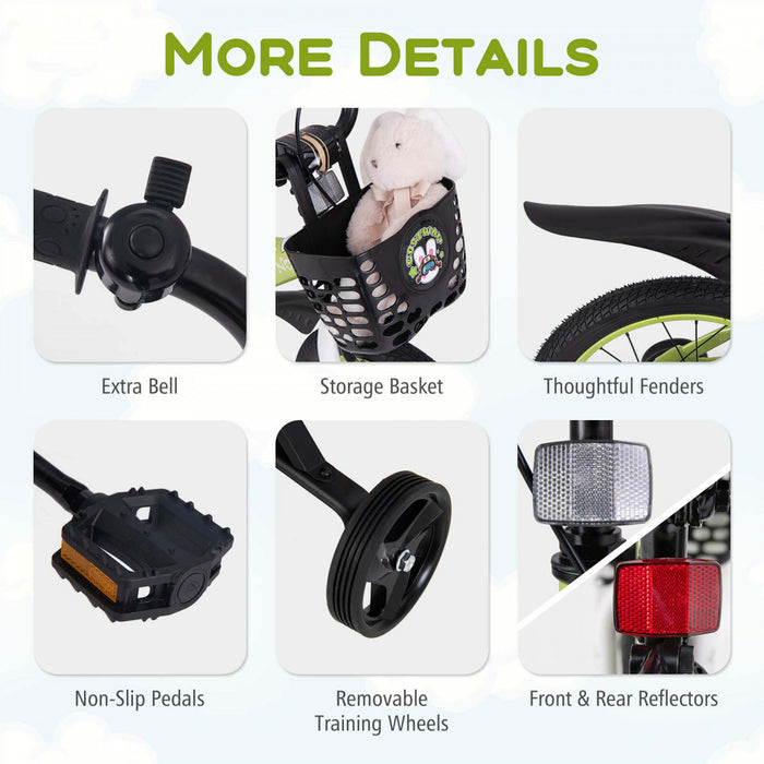 Costway 16\" Kid's Bike For 4-7 With Height-adjustable Handlebar & Saddle Handbrake Green