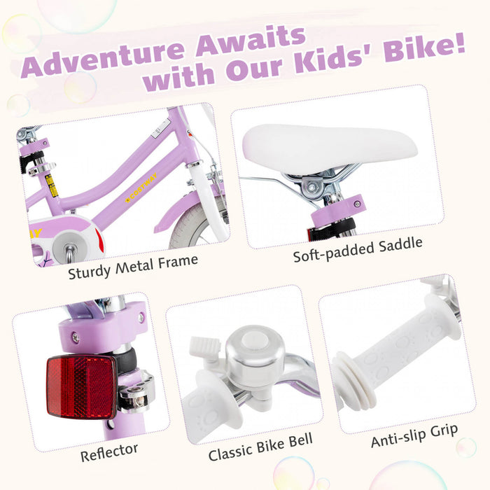 Costway 12 Inch Kids Bike With Training Wheels Doll Seat Basket Streamers Hand Brake Purple