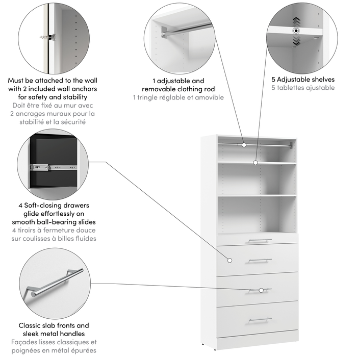 Bestar Florence 36\" Modular Reach-In/Walk-In Closet System Tower with Shelves and 4 Drawers Slab Style - White