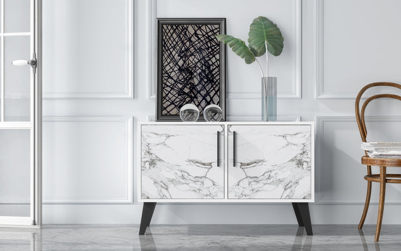 Manhattan Comfort Mid-Century Modern Amsterdam 3-Shelf Accent Cabinet - White Marble