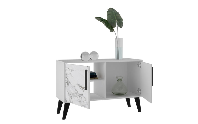 Manhattan Comfort Mid-Century Modern Amsterdam 3-Shelf Accent Cabinet - White Marble