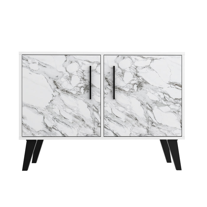 Manhattan Comfort Mid-Century Modern Amsterdam 3-Shelf Accent Cabinet - White Marble