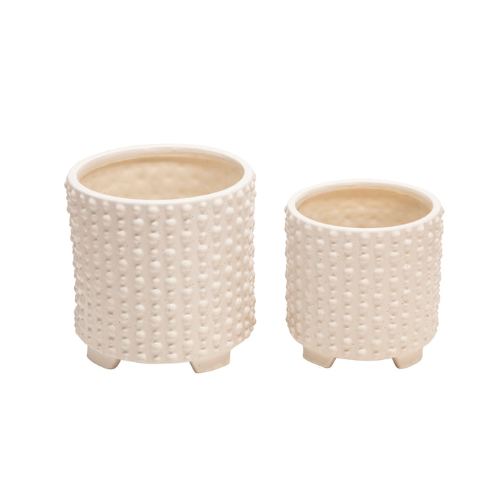 Ceramic 6\"/8\" White Footed Planter with Dots - Set of 2