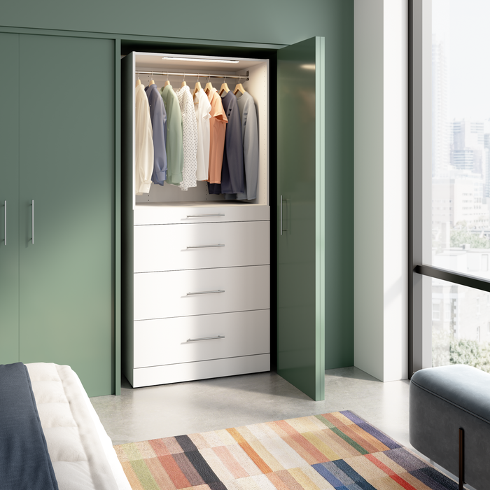 Bestar Florence 36\" Modular Reach-In/Walk-In Closet System Tower with LED Light, Shelves and 4 Drawers Slab Style - White