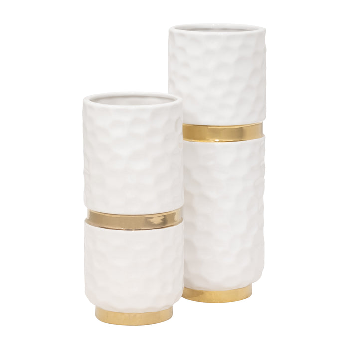 Ceramic 13\" Belted Vase - White and Gold