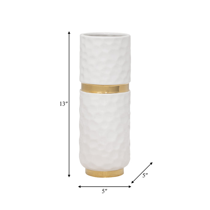 Ceramic 13\" Belted Vase - White and Gold