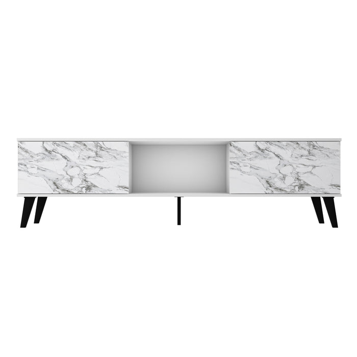 Manhattan Comfort Doyers 70.87\" Mid-Century Modern TV Stand - White & Marble Stamp