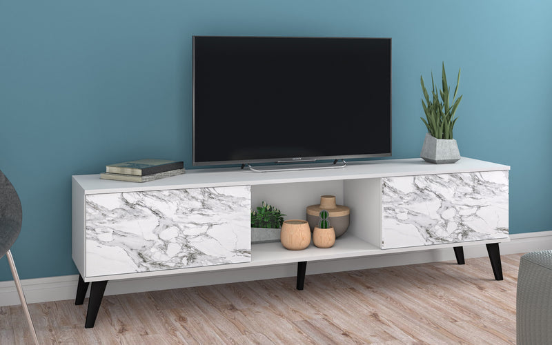 Manhattan Comfort Doyers 70.87\" Mid-Century Modern TV Stand - White & Marble Stamp