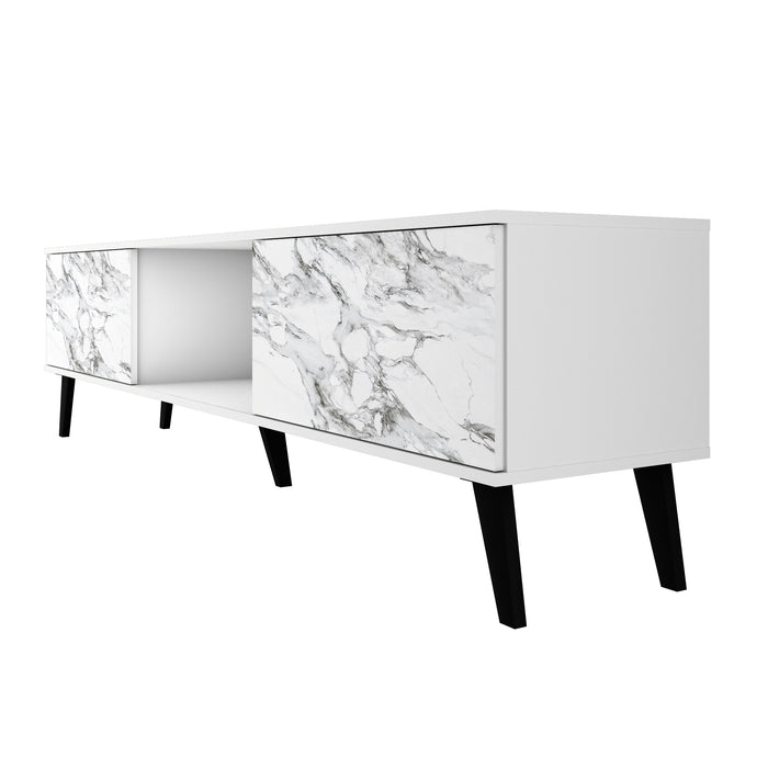 Manhattan Comfort Doyers 70.87\" Mid-Century Modern TV Stand - White & Marble Stamp