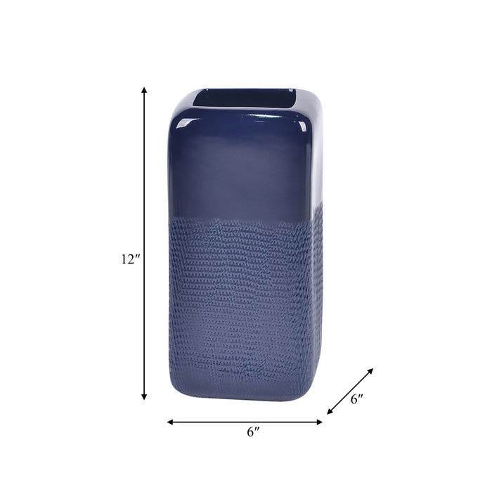 Ceramic 12\" Squared Groove Vase - Navy Blue