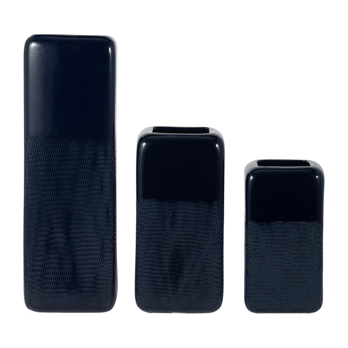 Ceramic 12\" Squared Groove Vase - Navy Blue