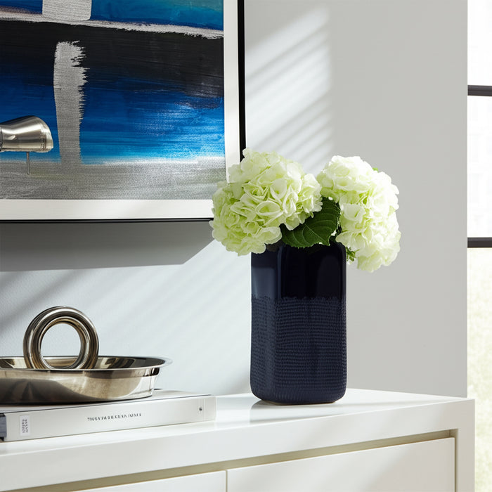 Ceramic 12\" Squared Groove Vase - Navy Blue