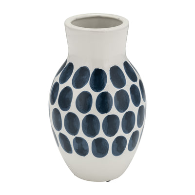 Ceramic 10" Navy Polka Dot Flower Vase - White|Vase à fleurs de 10 po en céramique à motif à pois bleu marine - blanc