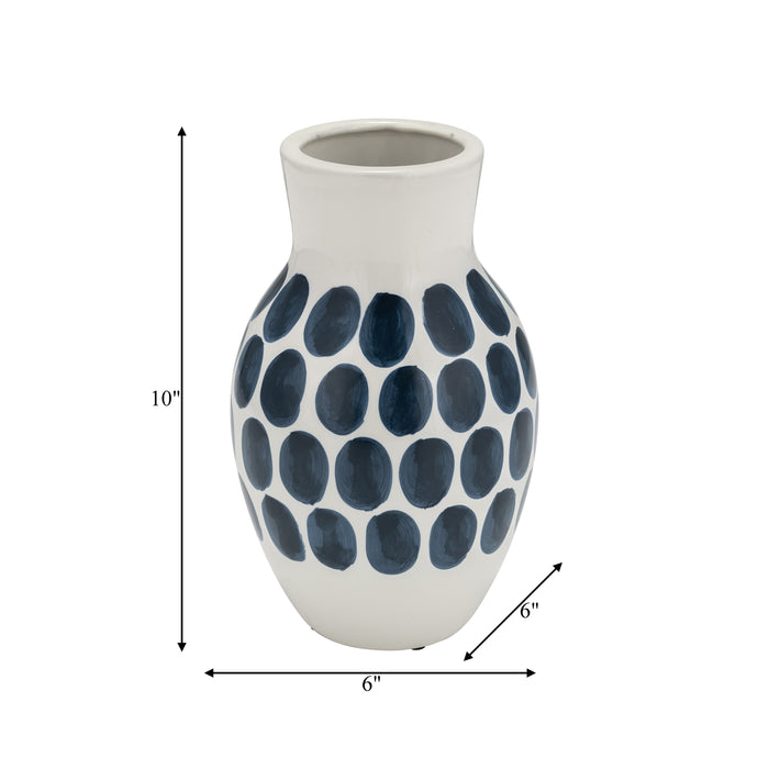 Ceramic 10\" Navy Polka Dot Flower Vase - White