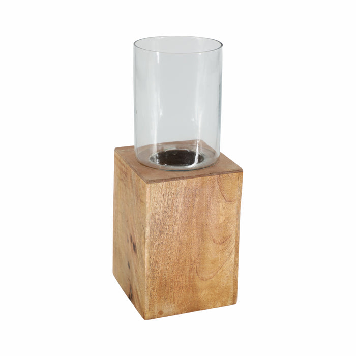 Wood 15\" Square Base Pillar Candle Holder - Natural