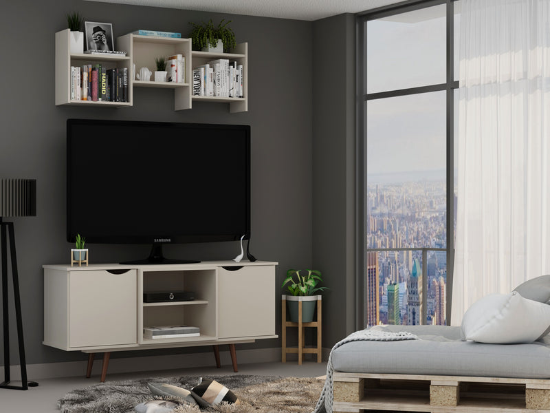 Manhattan Comfort Hampton 53.54\" TV Stand with 4 Shelves & Solid Wood Legs - White