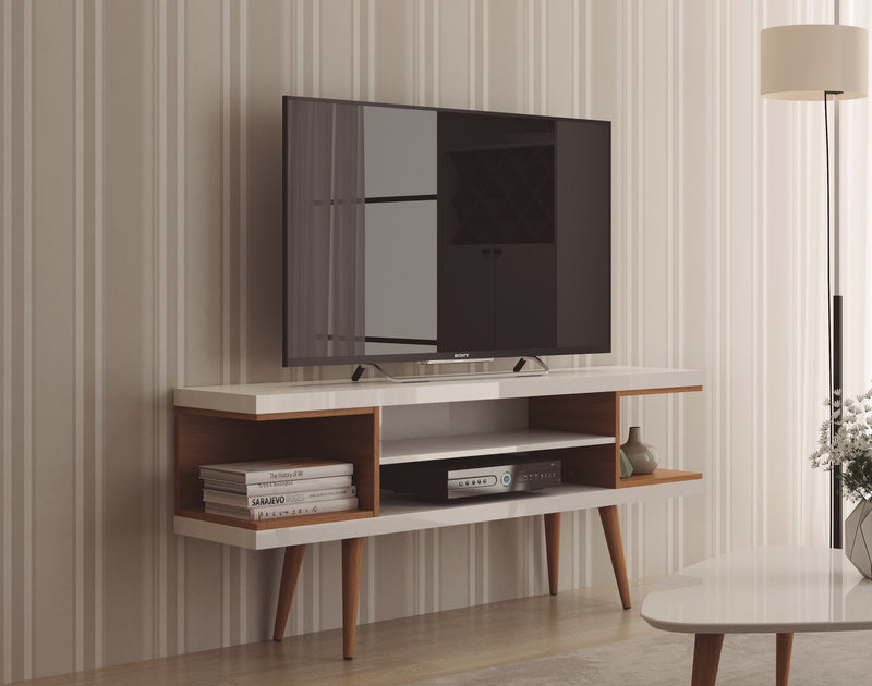 Manhattan Comfort Utopia 53.14\" TV Stand with Splayed Wooden Legs & 4 Shelves - White Gloss & Maple Cream