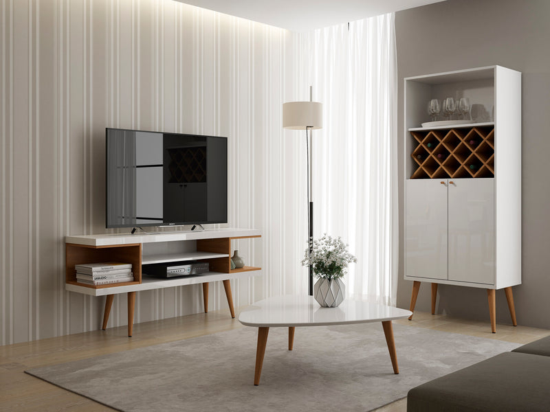 Manhattan Comfort Utopia 53.14\" TV Stand with Splayed Wooden Legs & 4 Shelves - White Gloss & Maple Cream