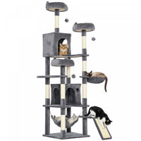 PawHut Cat Tree, 76 Inches Large Multi-Level Cat Tower for Indoor Kittens with 8 Scratching Posts, 3 Plush Beds, 2 Hammocks, 2 Large Condos, Ramp, Pompoms, Dark Grey