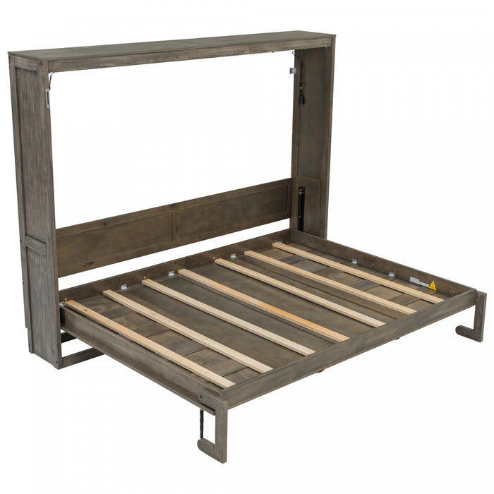 Olivia Solid Wood Murphy Bed with LED Light and Foldable Cabinet,Full Size,Brown Full Bed