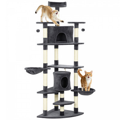 PawHut 79" Cat Tree Tower, Large Cat Condo Furniture, Multi-Level Cat Tower with Scratching Posts, Cozy Hammock, Dangling Balls - Dark Grey