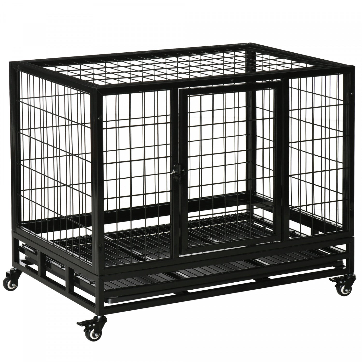 PawHut Heavy Duty Dog Crate for Large Medium Dogs with Two Doors Lockable Wheels Tray 36 x 24 x 29.5