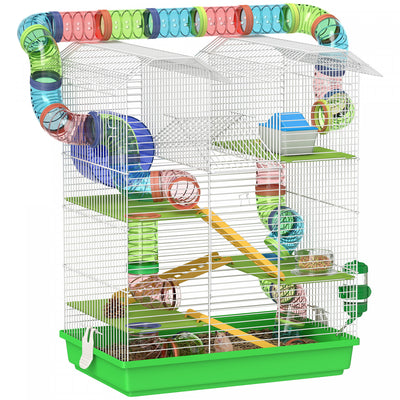 Pawhut 18.5" Hamster Cage, 5 Tiers Small Animal House With Tunnel Tube System, Exercise Wheel, Water Bottle, Food Dish, Ramp, Green