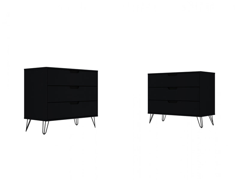 Rockefeller Mid-Century Modern 35\" Dresser in Black (3-Drawer) - Set of 2