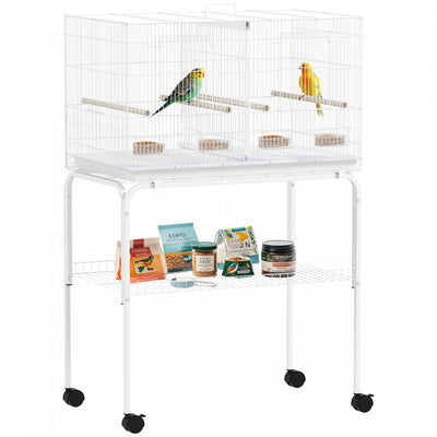 PawHut 46" Bird Cage, Parakeet Cages for Budgie, Lovebird, Canary, Finches with Divider, Wheeled Stand, Shelf, 4 Wooden Perches, Slide Out Tray, 4 Feeders, White