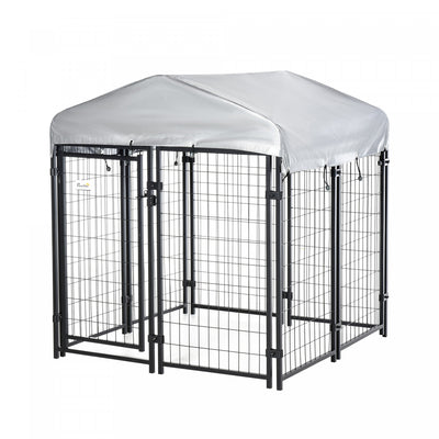 Pawhut 4' X 4' X 4.5' Large Outdoor Dog Kennel Steel Fence With Uv-resistant Oxford Cloth Roof & Sec|Pawhut 4' X 4' X 4.5' Grand Chenil Exterieur En Acier Avec Toit En Toile Oxford Resistant Aux Uv Et