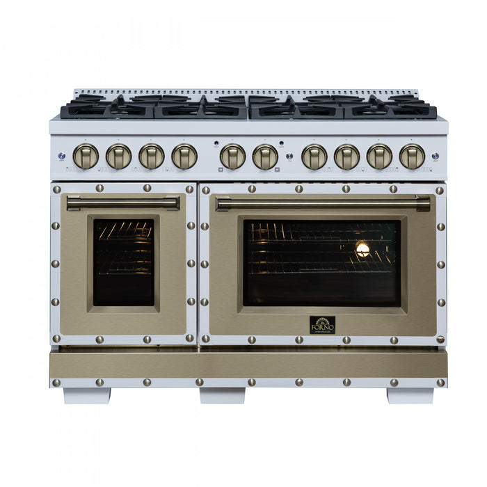 Forno Ambassador 48\" Dual Fuel Range, White, 8 Sealed Burners, 6.7 Cu.Ft. Ovens - FFSGS6199-48CPWHT