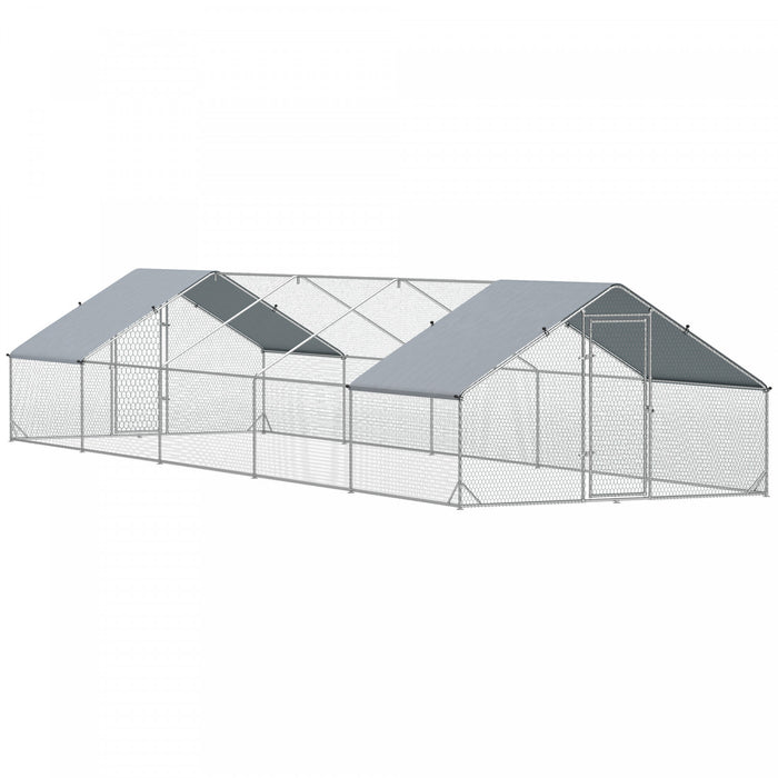 Pawhut Metal Chicken Coop, Walk-in Large Chicken Run, Poultry Cage For 30-40 Hen, Duck, Rabbit With Water- And Uv-protection Cover, For Backyard, Garden, 9.8' X 32.8' X 6.4'