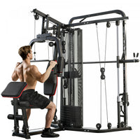 Soozier All-in-One Home Gym Smith Machine, Power Cage for Strength Training with Cable Pulley System, 143LBS Weight Stack, Chest Station, Preacher Pad and Leg Developer
