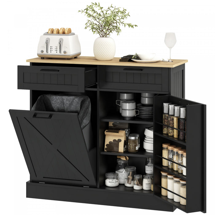 HOMCOM Tilt Out Trash Cabinet, Kitchen Island with 2 Drawers, Black