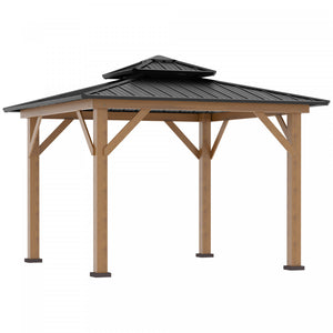 Outsunny 12' X 12' Wood Frame Hardtop Gazebo Galvanized Steel Canopy Outdoor Shelter With Double Vented Roof For Garden, Lawn, Poolside, Black