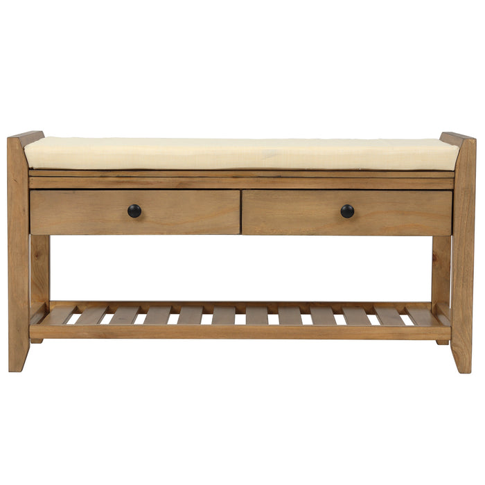 Stephanie Pine Wood Shoe Rack Bench With Cushioned Seat With Storage Drawers - Old Pine