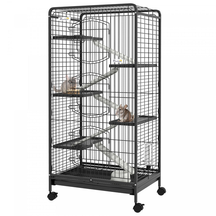 Pawhut 6-tier Small Animal Cage Pet Playpen For Rabbit Ferret Chinchilla On Wheels With Removable Tray Platform Ramp Food Dish Water Bottle, 25\" X 17\" X 52\"