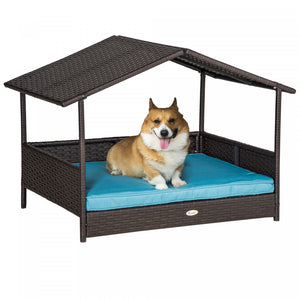 Pawhut Elevated Rattan Dog Bed Pet Home Indoor Outdoor Wicker Dog Cot Dog House Pet Furniture Sofa Bed With Padded Cushion And Roof Shelter Blue