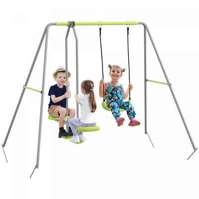 Outsunny 2 in 1 Metal Swing Set with Glider, Swing Seat, Ground Stakes, Kids Swing Set for Backyard, Outdoor, Playground, Green