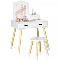 Qaba Kids Vanity Set with Mirror and Stool, Vanity Table and Chair Set with Drawers, Makeup Dressing Table for Children Aged 3-6 Years, White