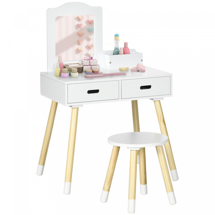 Qaba Kids Vanity Set with Mirror and Stool, Vanity Table and Chair Set with Drawers, Makeup Dressing Table for Children Aged 3-6 Years, White