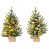 HOMCOM Set of 2 2ft Pre-Lit Artificial Christmas Trees, Xmas Tree, Green